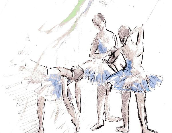 Eine Zeichnung. Sie zeigt drei Balletttänzerinnen.
