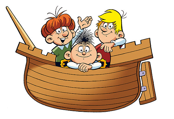 Eine Zeichnung von den Abrafaxen. Abrax, Brabax und Califax sitzen in einem Boot.