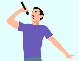 Ein Mann hält ein Mikrofon in der Hand. Der Mann singt.