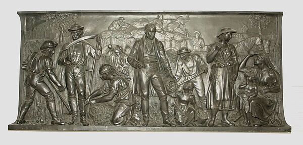 Das Relief „Thünen inmitten seiner Gutsarbeiter“ hängt im Thünen-Museum-Tellow. Künstler: C.D. Rauch Ein Mann steht in der Mitte. Um ihn herum befinden sich Menschen. Sie haben Werkzeuge in der Hand und arbeiten.