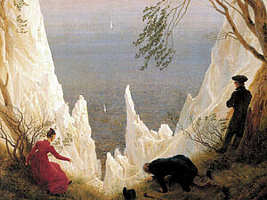 Ein weißer Felsen. Auf dem Felsen sind drei Menschen. Zwischen den Felsen ist Wasser. Auf dem Felsen stehen Bäume.