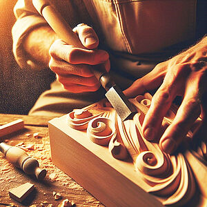 Zwei Hände. Eine Hand hält ein Werkzeug. Die Hände arbeiten an einem Stück Holz.
