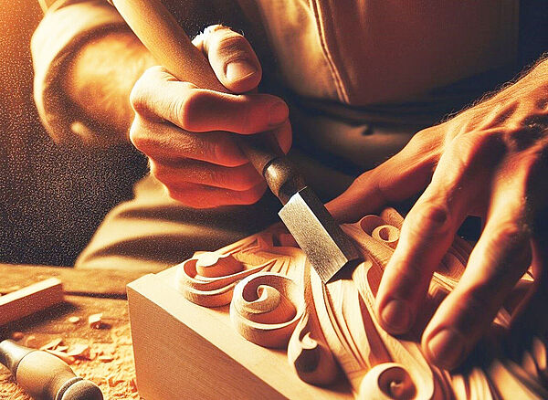 Zwei Hände. Eine Hand hält ein Werkzeug. Die Hände arbeiten an einem Stück Holz.