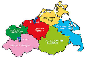 Eine Landkarte von MV. Jeder Landkreis trägt eine andere bunte Farbe.