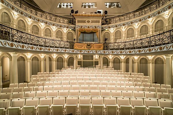 Ein leerer Theatersaal. Viele helle Sitzreihen. An den Wänden: Säulen, Rundbögen, Ränge und eine Loge. 
