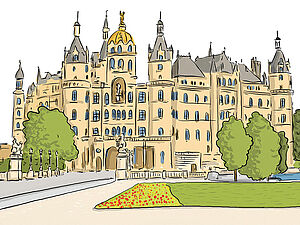 Eine Zeichnung vom Schloss in Schwerin.