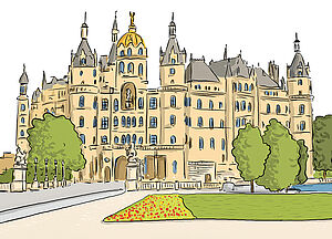 Eine Zeichnung vom Schloss in Schwerin.