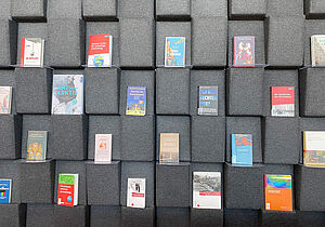 In einer grauen Wandhalterung stehen einzelne Bücher. Darunter Titel wie „Drei Sommer“, „Nachts im Kanzleramt“, „Nerven und Krieg“ und „Das Geheimnis des Tutanchamun“.