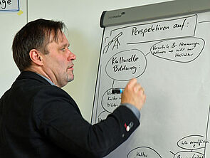 Thomas Hetzel zeichnet an ein Flipchart eine Mind-Map zum Thema "Kulturell Bildung und Teilhabe".