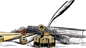 Eine Zeichnung mit einer Feder im Tintenfass, Büchern und Schriftrollen.