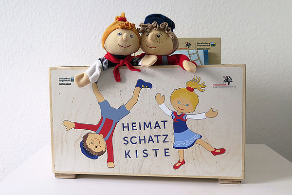 Eine Holzkiste. Auf der Kiste sind zwei gemalte Figuren: ein Mädchen und ein Junge. Aus der Kiste schauen zwei Handpuppen heraus.