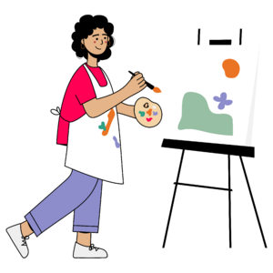 Ein Mensch steht an einer Leinwand und malt ein Bild.