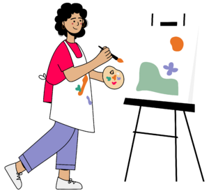 Ein Mensch steht an einer Leinwand und malt ein Bild.