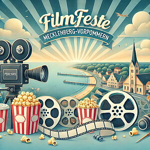 Eine Collage. Filmrollen, eine Kamera, Popkorn und ein Meeresstrand mit Land. Darüber steht Filmfeste Mecklenburg-Vorpommern.