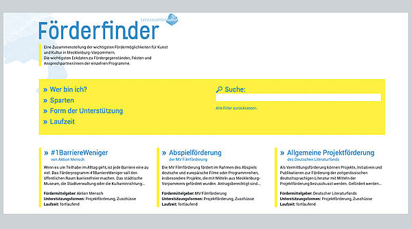Ein Ausschnitt von der Homepage des Förderfinders. Darauf stehen die vier Filter. Sie heißen "Wer bin ich", "Sparten", "Form der Unterstützung" und "Laufzeit". Daneben befindet sich ein Suchfeld. Darunter stehen Beispiele für Fördertöpfe.