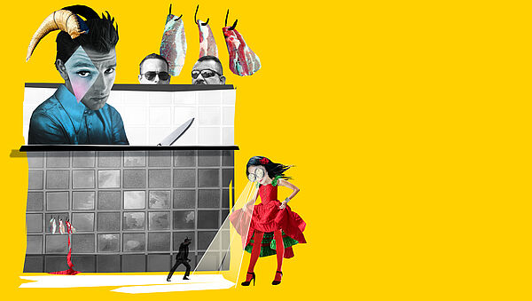Eine Collage aus einer Frau in einem roten Kleid, einem Mann mit Hörnern und einem Messer, zwei Männerköpfen, die bis zur Nase abgebildet sind und eine Sonnenbrille tragen, und einer Kachelwand mit Blut. 