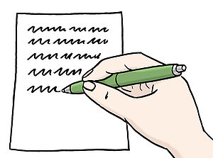 Eine Hand hält einen Stift. Die Hand schreibt auf ein Blatt Papier.